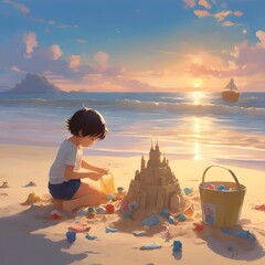 Ilustração de Linda criança brincando de areia no litoral brasileiro, lindo pôr do sol. Arte digital de  criança brincando na areia da praia. nascer do sol em férias incríveis na praia.  - obrazy, fototapety, plakaty