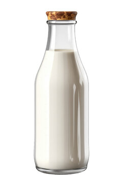 Isolated classic glass milk bottle full of milk with wooden stopper on cutout PNG background