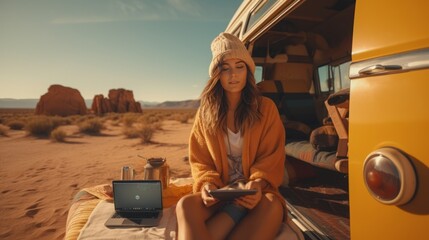 A woman sitting in the back of a yellow van