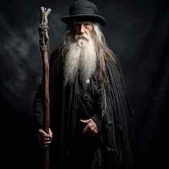 lifestyle photo old wizard standing with walking stick.