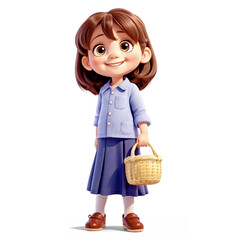Girl in full height. A little girl in a dress with a basket in her hands is smiling. Isolated on transparent background. 3d. png