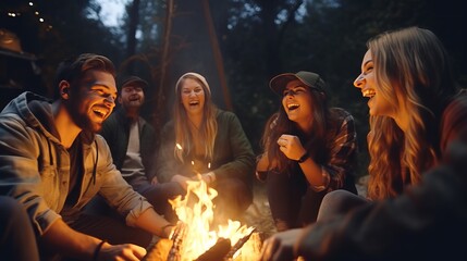 People gathered around a warm fire in the evening - obrazy, fototapety, plakaty