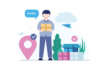 Package shipping service concept with people character scene in colored flat illustration. Courier delivers goods or parcel ordered from online store.