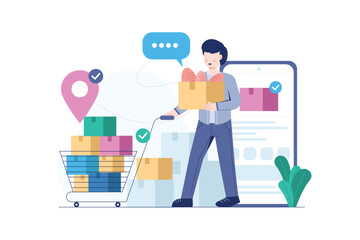 Courier delivers goods or parcel ordered from online store. Package shipping service concept with people character scene in colored flat illustration