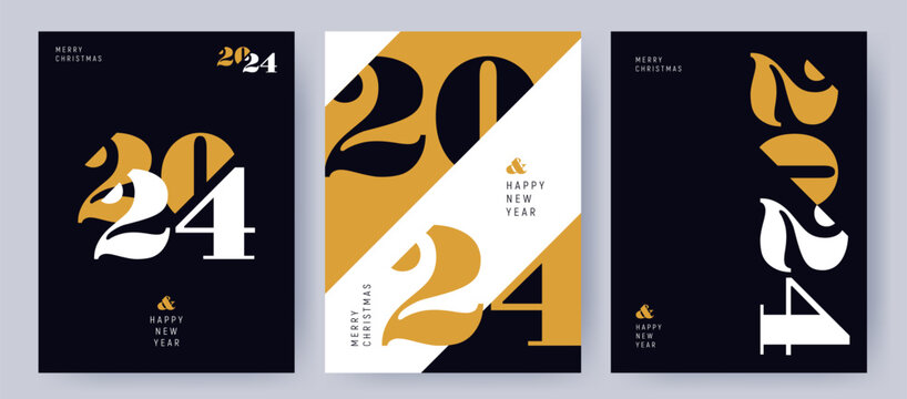 Creative concept of 2024 Happy New Year posters set. Design templates with typography logo 2024 for celebration and season decoration. Minimalistic trendy backgrounds for branding, banner, cover, card