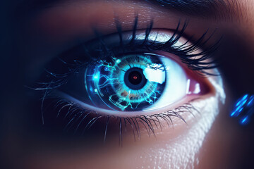 Creative closeup of eye, laser vision correction method. Modern technologies for vision correction. 3d render style.
