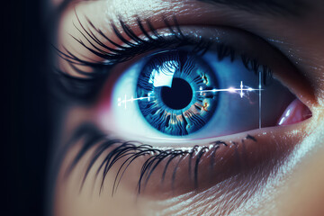 Creative closeup of eye, laser vision correction method. Modern technologies for vision correction. 3d render style. - obrazy, fototapety, plakaty