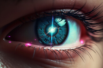 Naklejka premium Creative closeup of eye, laser vision correction method. Modern technologies for vision correction. 3d render style.