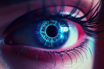 Creative closeup of eye, laser vision correction method. Modern technologies for vision correction. 3d render style.