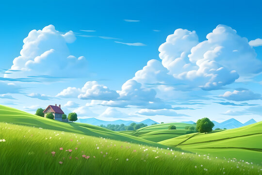 green field with a blue sky and a small house. Green grass fields on small hills and blue sky suitable for wallpaper, and background. illustration. AI Generative