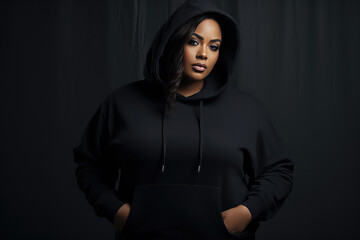 Full body portrait of plus size model woman wearing sport hoody on flat black background, copy space. Store sportswear of all sizes, bodypositive. 