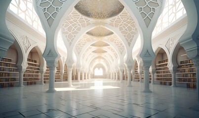 library with a magnificent white interior and typical Islamic ornaments, ai generative
