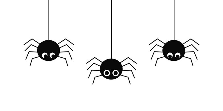 Cute three spiders hanging on the web isolated on white background. Halloween vector illustration.
