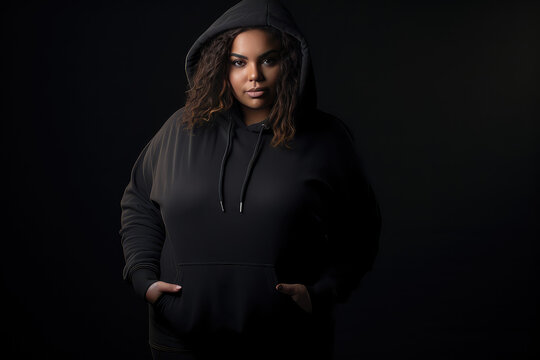 Full body portrait of plus size model woman wearing sport hoody on flat black background, copy space. Store sportswear of all sizes, bodypositive. 