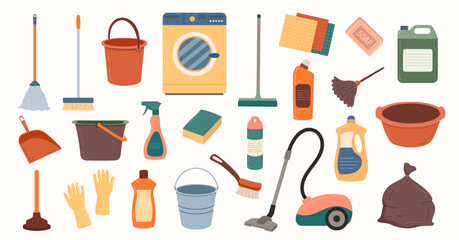Set tools for cleaning supplies isolated on white background. Vector illustration of housework items