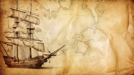Fototapeta premium Charting the Past: Ancient Sailboat, Compass, and Historic Map. This concept unearths the realm of sea voyages, discoveries, pirates, sailors, geography, and history