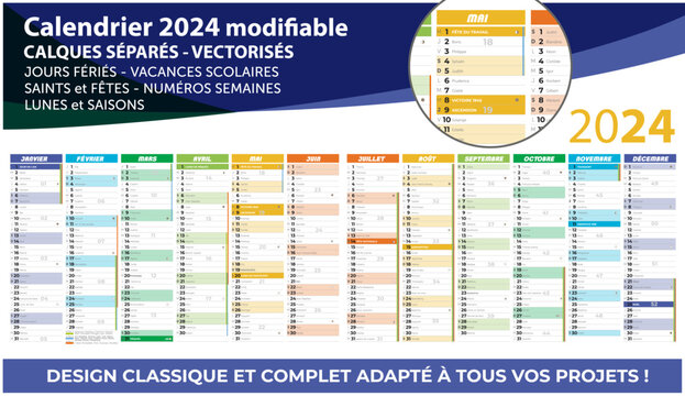 Vecteur De Modèle De Calendrier 2024, Calendrier Annuel De 12 Mois