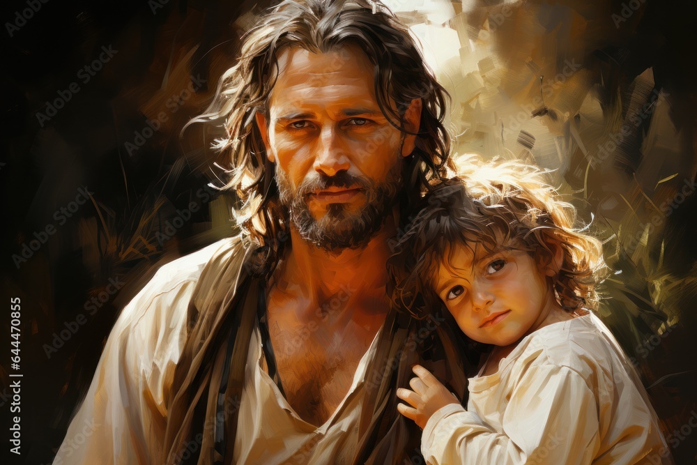 Wall mural portrait of jesus with little girl in arm