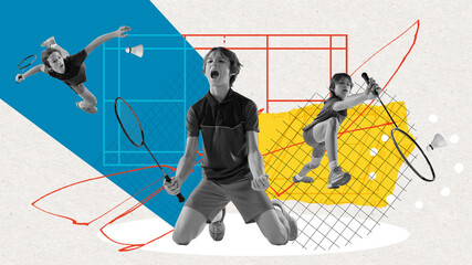 Boy, child playing badminton, training, Sport school and hobby. Active childhood. Contemporary art...