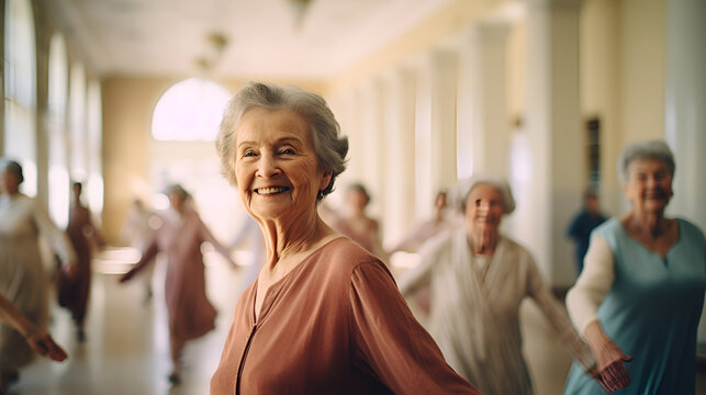 Energetic older women practicing modern energetic dance moves. Active lifestyle in retirement.