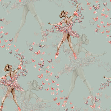 Seamless pattern with dancing ballerina. Watercolor handdrawn illustration with spring flowers, butterflies and fairy ballerina. Applicable for textiles, decor. Can be used as a background.