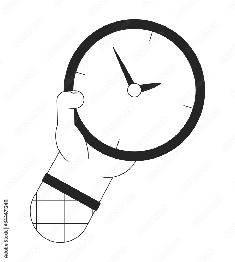 Poster holding clock for checking time bw concept vector spot illustration. showing time 2d cartoon flat li