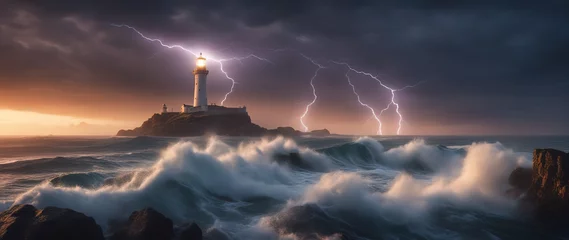 Fototapeten Wide-angle shot of a luminous lighthouse on a rock in a stormy sea against the backdrop of thunderclouds with flashes of lightning. Dramatic seascape. © Valeriy