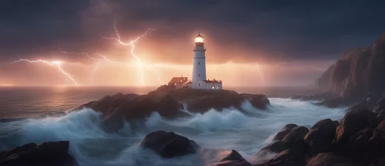  Wide-angle shot of a luminous lighthouse on a rock in a stormy sea against the backdrop of thunderclouds with flashes of lightning. Dramatic seascape. © Valeriy