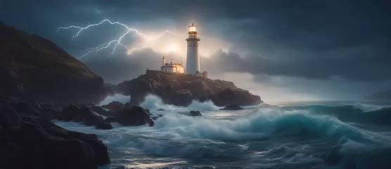 Deurstickers Wide-angle shot of a luminous lighthouse on a rock in a stormy sea against the backdrop of thunderclouds with flashes of lightning. Dramatic seascape. © Valeriy