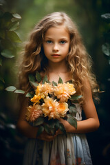 Naklejka premium portrait of a cute child with a bouquet of flowers, autumn, pastel colors