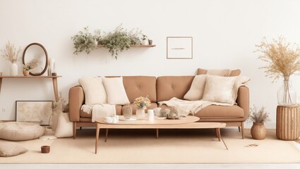 Interior design of a living room with a mock-up poster frame, a modular sofa, a wooden coffee table, a vase of dried flowers, pillows, an armchair, and personal accessories. 