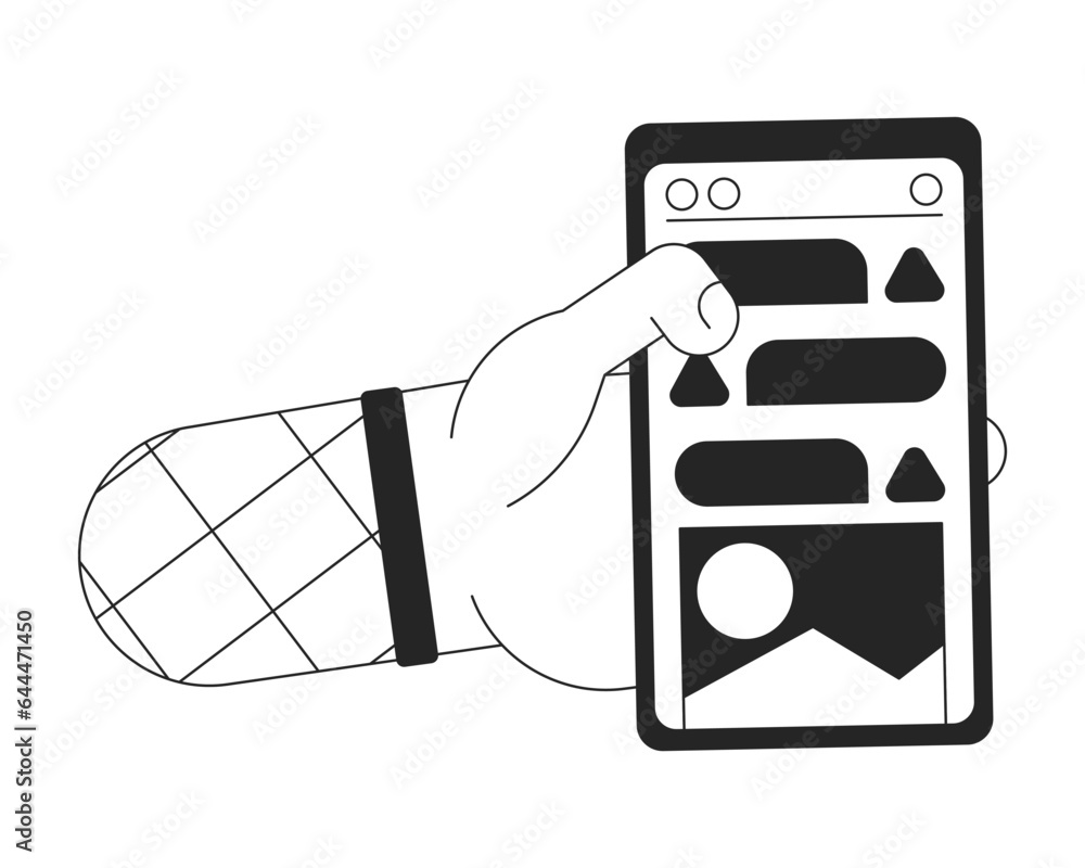 Poster smartphone in hand bw concept vector spot illustration. screen. notifications on phone display 2d ca