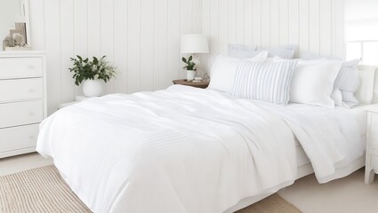 Nicely decorated bedroom with white linens and striped towels.