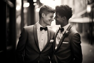 Black and white photo of gay weddings. Caucasian and black man in suits smiling at each other.