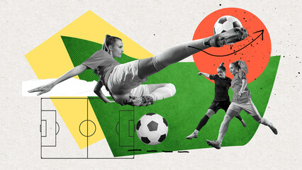 Athletic young woman, football players in motion during game, playing, training over colorful background. Contemporary art collage. Concept of professional sport, competition, hobby. Banner, flyer, ad