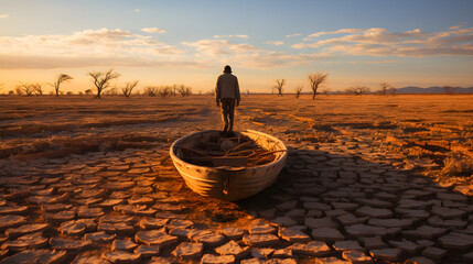 A man sits in a boat in a dried-up river. Drought concept