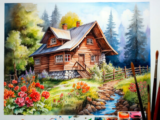 Painted wooden house in the forest. Watercolor painting on canvas.