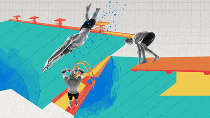 Muscular, athletic man, professional swimming training in pool, preparing for competition. Contemporary art collage. Concept of professional sport, game, active lifestyle. Banner, flyer, ad