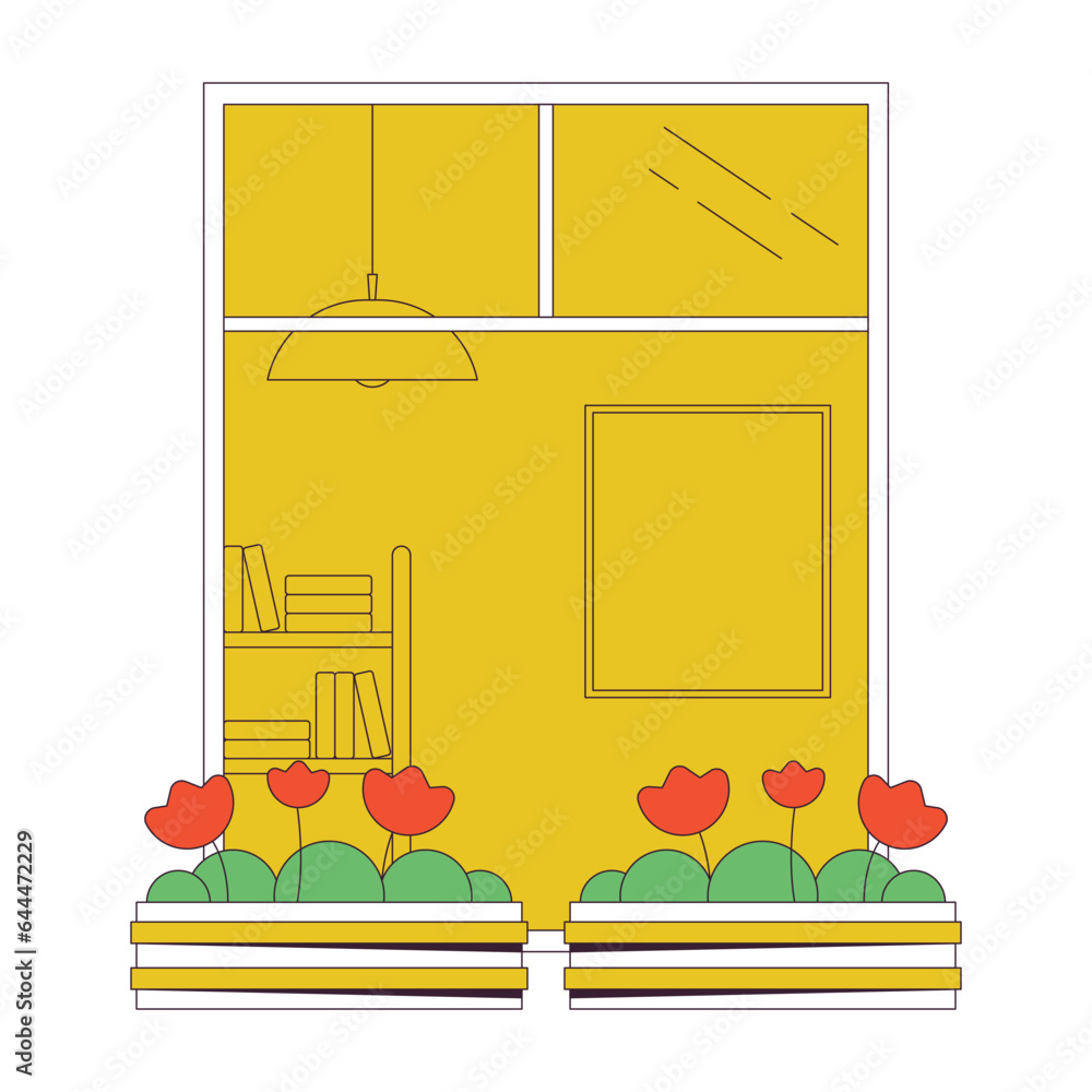 Poster balcony window with flowers in pots flat line concept vector spot illustration. architecture 2d cart