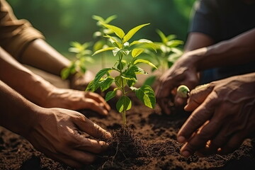 Group of volunteers joins hands together concept, World environment day