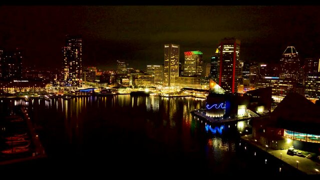 Aerial view of Baltimore downtown at night, Maryland, United States.