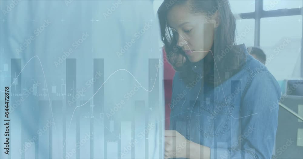 Poster animation of multiple graphs with changing numbers, biracial woman using digital tablet in office