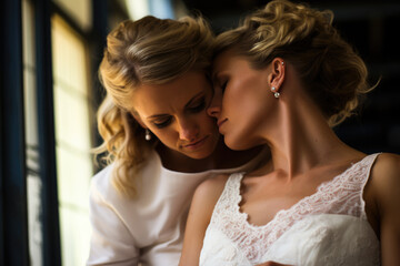 Fototapeta na wymiar Lesbian wedding. Two beautiful girls in white dresses snuggled up to each other.