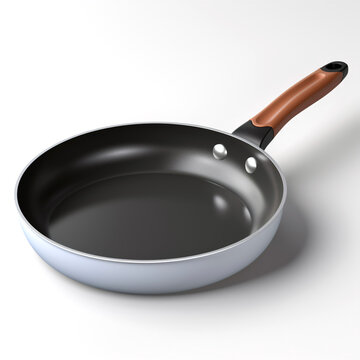 Three-dimensional icon of a frying pan. Kitchen utensils. Solitary item against a white backdrop.