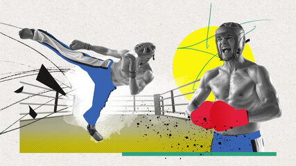 Strong and muscled male kickboxer training, fighting. Combat sport, martial ats. Contemporary art collage. Concept of professional sport, game, competition, active lifestyle. Banner, flyer, ad