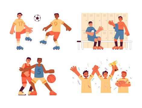 Team sport flat concept vector spot illustrations set. Championship. Playing football. Winning 2D cartoon characters on white for web UI design. Isolated editable creative hero image collection