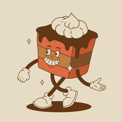 Funny Retro cartoon christmas Character in groovy 50s, 60s, 70s Vintage Style. Happy new year mascot with hot coffee, cocoa, gingerbread, cake, cupcake and cookie. Xmas vintage characters.