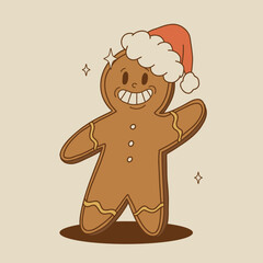 Funny Retro cartoon christmas Character in groovy 50s, 60s, 70s Vintage Style. Happy new year mascot with hot coffee, cocoa, gingerbread, cake, cupcake and cookie. Xmas vintage characters.
