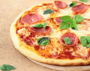 homemade traditional pizza with mozzarella cheese and tomatoes