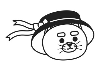 Cute kitten wearing girlish ribbon hat monochrome flat linear character head. Kawaii cat in childlike bucket hat. Editable outline hand drawn icon. 2D cartoon spot vector avatar illustration